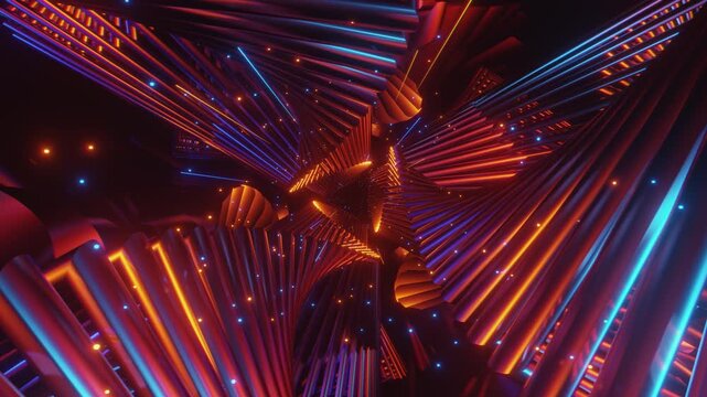 4k loop video of dynamic rhythmic vj tunnel with interlocking geometric shapes and glowing energy for VJ sets, high-tech club visuals, electronic music festivals, stage screens and LED video walls