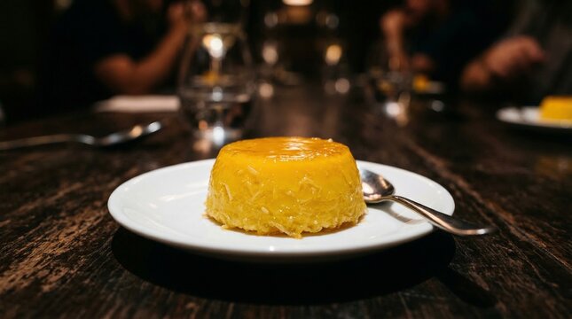 Vibrant yellow quindim dessert served on a white plate in restaurant  