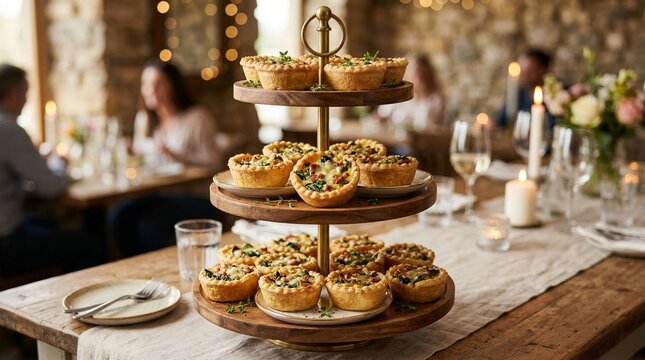 Elegant mini quiches served on tiered wooden platter at caf&eacute;  