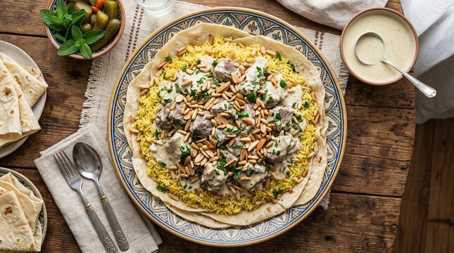 Traditional Mansaf dish with lamb and rice on wooden table  