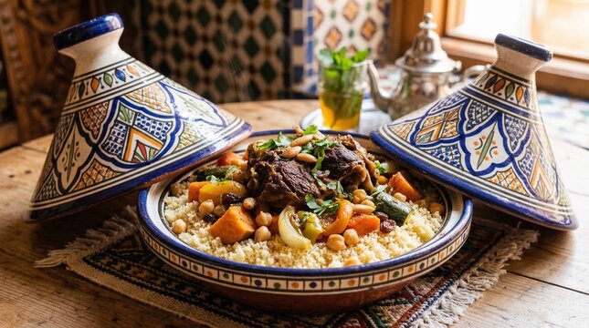 Moroccan couscous with vegetables and meat served in traditional tagines  