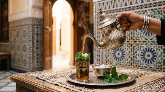 Woman pouring Moroccan mint tea from ornate teapot into glass  
