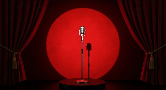 Retro Microphone on Stage with Red Spotlight and Curtains