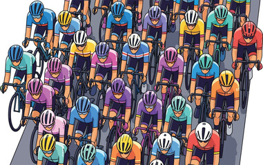Fototapeta premium Peloton of professional cyclists wearing colorful jerseys rides closely together viewed from directly above on the road.