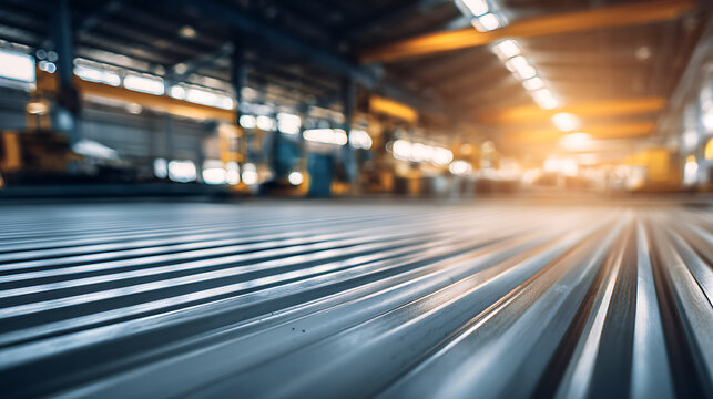 Modern industrial factory interior with focus on metal surface, blurred machinery background, and bright sunlight on the horizon