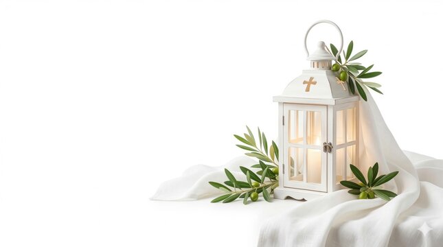 White processional lantern with soft inner glow olive sprigs and flowing white linen isolated on white background