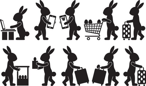 Easter day shopping spree with easter bunny silhouettes on white background