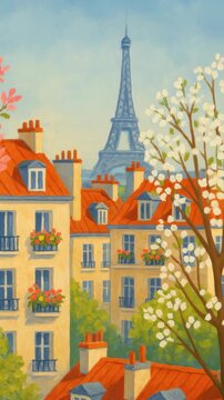 Charming illustration of Paris rooftops with Eiffel Tower in the background. Captured from a low angle, ideal for a travel-themed video backdrop. Live mobile wallpaper.