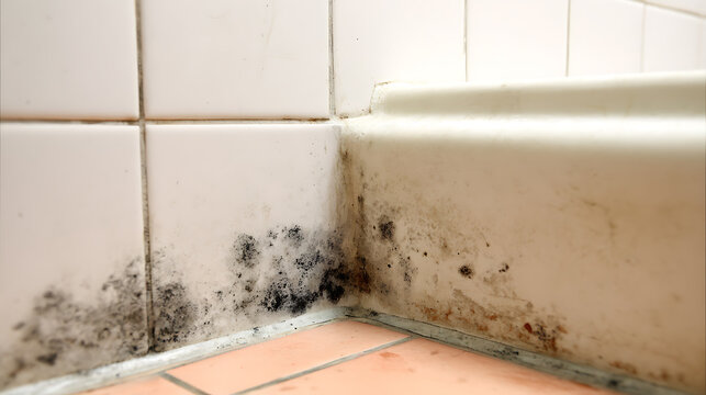 Black and Brown Mold Growth in a Bathroom Shower or Tub Corner, Showing Poor Hygiene and a Need for Cleaning and Remediation