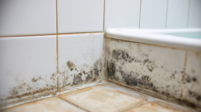 Unhealthy Bathroom Corner with Black Mold Growth, Presenting a Significant Health and Hygiene Issue on Tiled Walls and Bathtub Base