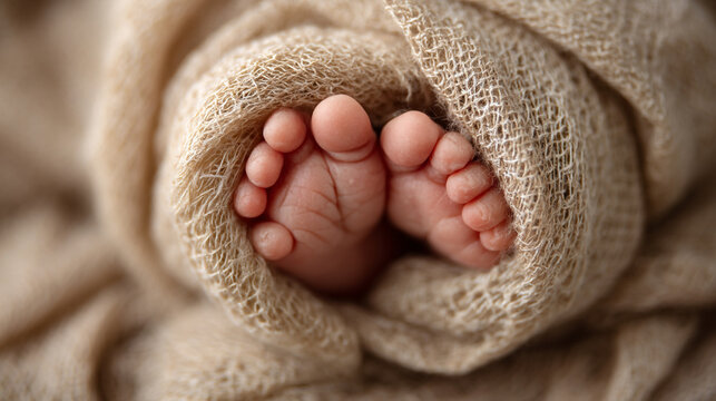 A close-up view of a baby's tiny feet wrapped in a soft blanket