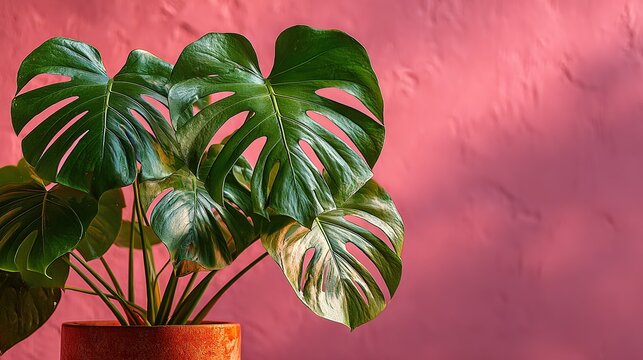Monstera plant in front of pink empty wall with white background and copy space, web banner style shot with Canon R6 Mark II for graphic design and social media