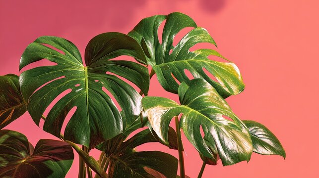 Monstera plant in front of pink empty wall with white background and copy space, web banner style shot with Canon R6 Mark II for graphic design and social media
