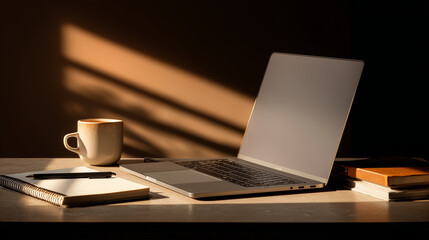 Fototapeta premium Freelancer workspace with laptop, coffee and notebook, photorealistic, warm tones, realistic lighting, minimal composition, clean desk, copy space, digital nomad lifestyle, no surr