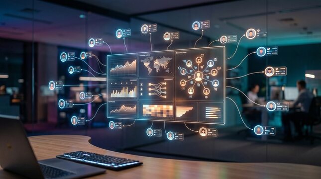 Futuristic office environment displays an advanced holographic interface visualizing comprehensive customer relationship management data, illustrating intricate digital networks and insightful busines
