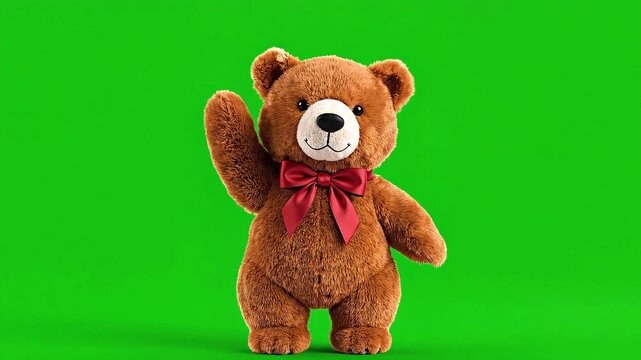 Cute Teddy Bear Waving Hello on Green Screen Background.