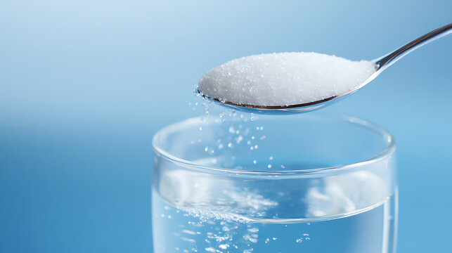 A spoonful of white granule substance, possibly sugar or salt, falling into a clear glass of fresh wat on a bright light blue background