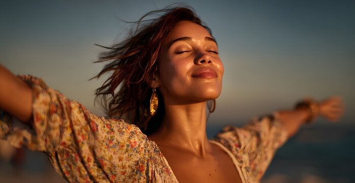 Radiant young woman with eyes closed arms outstretched feeling blissful at golden hour