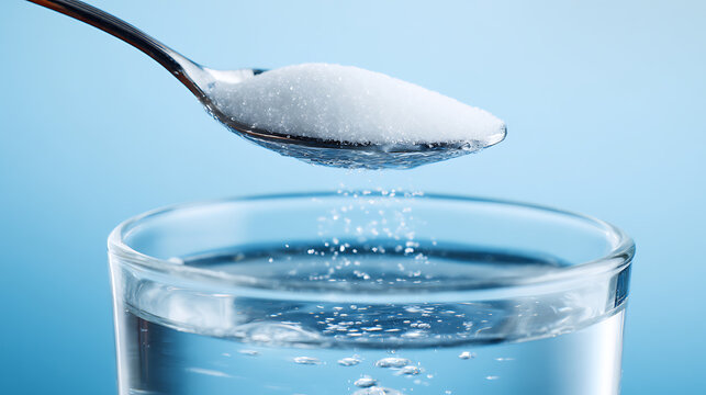 A close-up shot captures the moment white powder from a spoon begins to fall and dissolve into a clear glass of fresh water, set against a vibrant blue background, highlighting the dissolution process