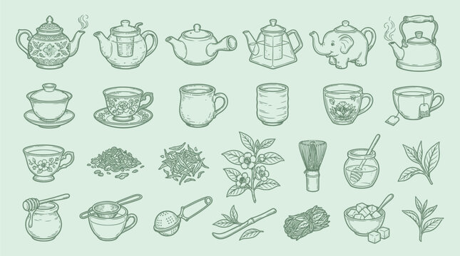 A charming collection of hand-drawn illustrations featuring various teapots, cups, tea leaves, and accessories, presented in a soothing green hue.