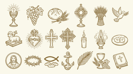 Fototapeta premium A collection of religious symbols and icons, including a chalice, grapes, bread, crosses, a dove, a lamb, and a Bible, presented in a vintage sketch style.