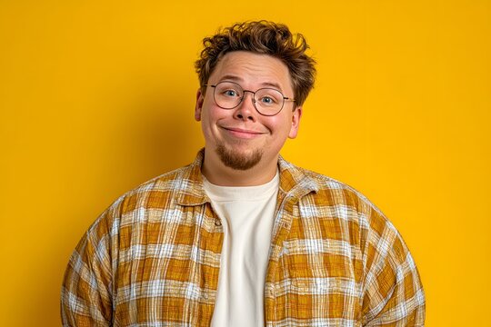 A cheerful young man with curly brown hair and round glasses smiles whimsically at the camera His casual plaid shirt against a vibrant yellow studio background radiates a happy and