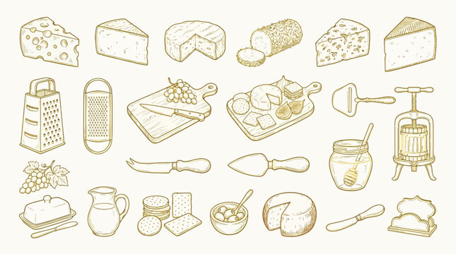 A charming hand-drawn illustration featuring a delightful assortment of cheeses, cheese-making tools, and accompaniments, presented in a warm, golden hue against a neutral background.