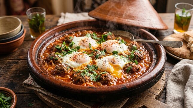 Kefta meatballs simmering in a traditional Moroccan tagine with eggs  