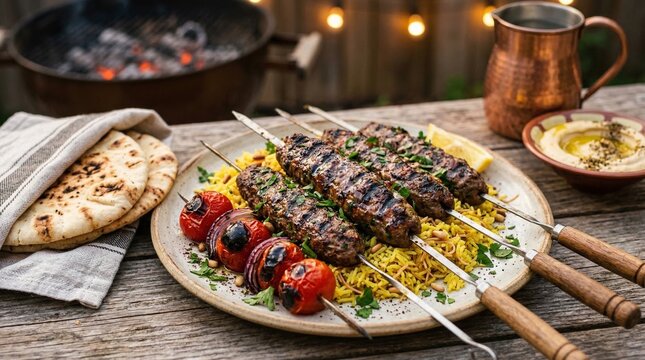 Grilled kafta skewers with rice and vegetables on wooden table