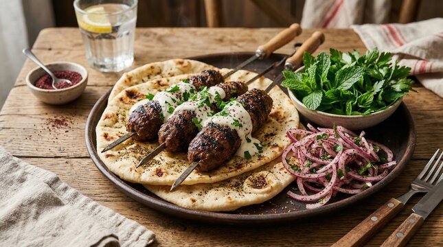 Grilled kofta kebabs served on flatbread with fresh herbs and sides  