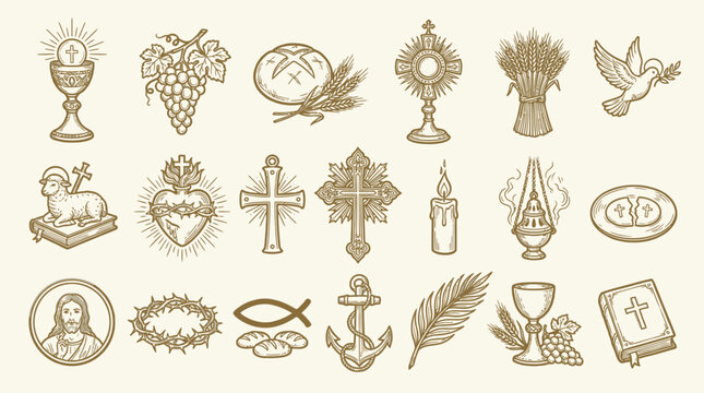A collection of religious symbols and icons, including a chalice, grapes, bread, crosses, a dove, a lamb, and a Bible, presented in a vintage sketch style.