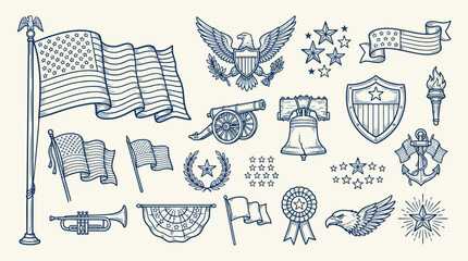 A collection of hand-drawn American patriotic symbols and icons, including flags, eagles, cannons, and stars, presented in a vintage blue and white sketch style. © KN collection