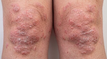 Fototapeta premium Psoriatic arthritis knee lesions close-up
