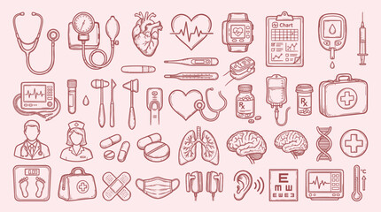 Fototapeta premium A comprehensive collection of hand-drawn medical icons and symbols, illustrating various aspects of healthcare and medicine.