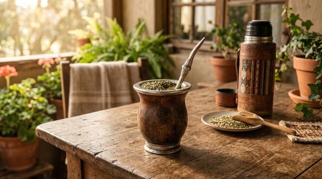 Traditional mate tea served in wooden cup on rustic table indoors  
