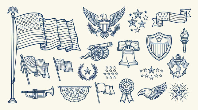 A collection of hand-drawn American patriotic symbols and icons, including flags, eagles, cannons, and stars, presented in a vintage blue and white sketch style.