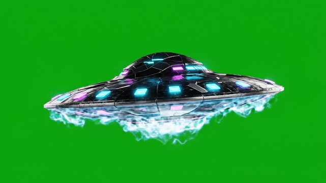 Flying Saucer with Glowing Lights on Green Screen