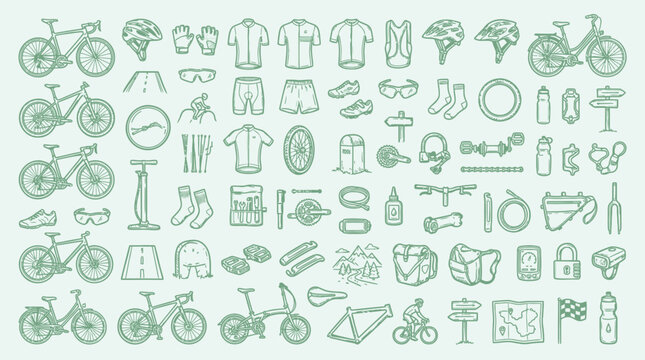A comprehensive collection of hand-drawn bicycle and cycling equipment illustrations on a light green background.