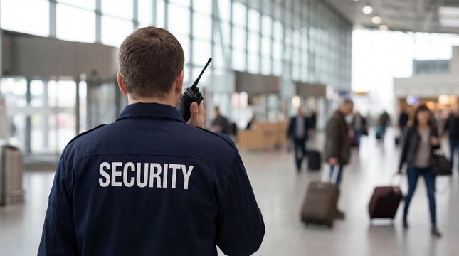Security guard standing with radio in airport terminal building