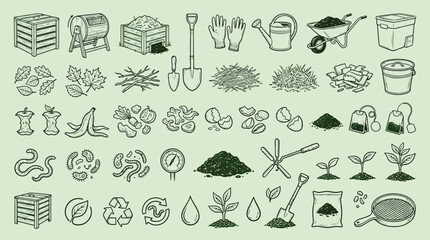 A comprehensive collection of hand-drawn illustrations depicting various elements related to composting and gardening, including tools, materials, and plant growth. © KN collection