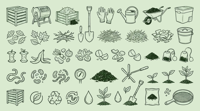 A comprehensive collection of hand-drawn illustrations depicting various elements related to composting and gardening, including tools, materials, and plant growth.