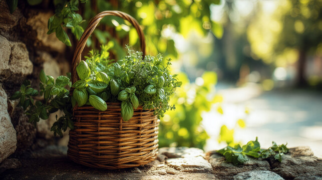 Healthy Lifestyle Concept With Fresh Herbs Basket And Soft Natural Bokeh Background