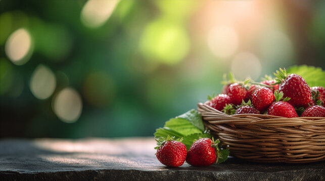 Culinary Freshness Concept With Strawberries In Basket On Rustic Stone Ledge And Copy Space