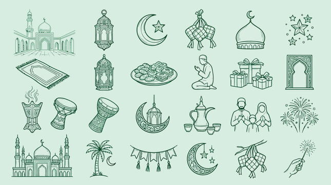 A collection of hand-drawn Islamic cultural and religious icons, including mosques, lanterns, crescent moons, and festive decorations, presented in a monochromatic green palette.