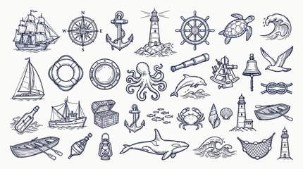 A comprehensive collection of hand-drawn nautical and marine-themed illustrations, featuring ships, sea creatures, navigational tools, and coastal elements. © KN collection