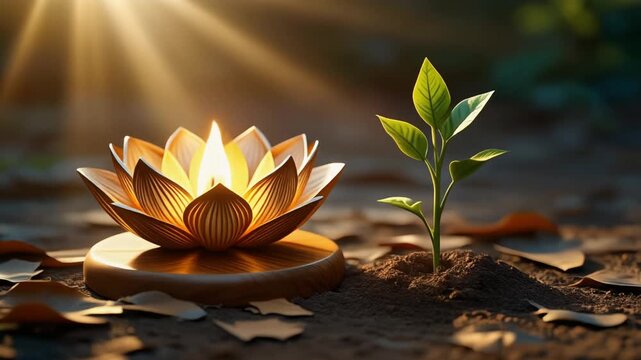 "A serene spiritual scene with a glowing lotus candle holder beside a sprouting green plant under sunlight, symbolizing renewal, enlightenment, harmony, and nature&rsquo;s balance."