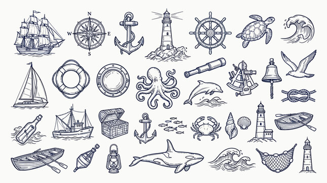 A comprehensive collection of hand-drawn nautical and marine-themed illustrations, featuring ships, sea creatures, navigational tools, and coastal elements.