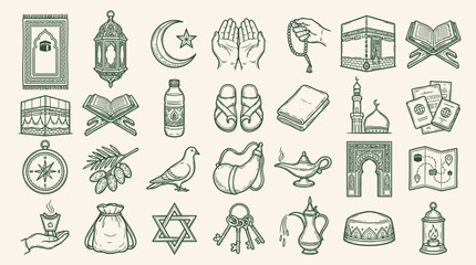 Obraz premium A collection of hand-drawn Islamic cultural and religious icons, including prayer mats, lanterns, the Kaaba, the Quran, and symbols of faith and pilgrimage.