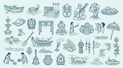 Fototapeta premium Collection of Indian cultural and traditional motifs, including boats, lamps, musical instruments, deities, and wedding symbols.
