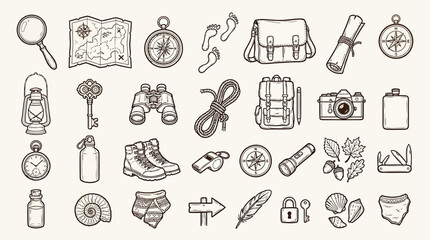 A collection of hand-drawn adventure and exploration icons, including maps, compasses, binoculars, and camping gear, presented in a vintage sketch style. © KN collection